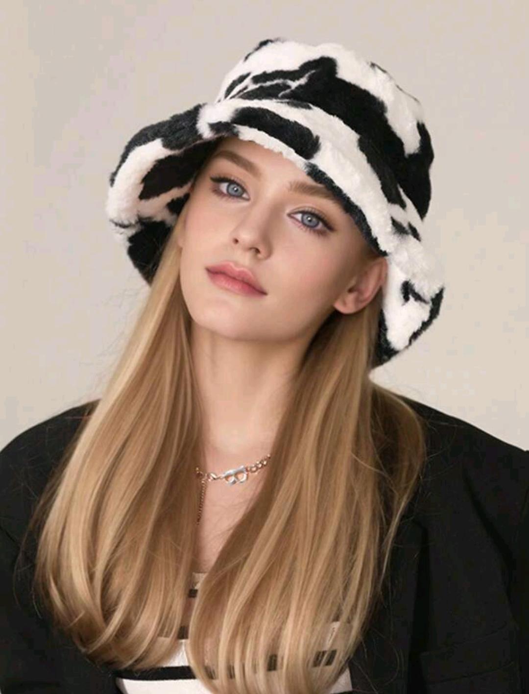 1pc Fluffy Cow Print Winter Bucket Hat, Warm And Stylish For Women