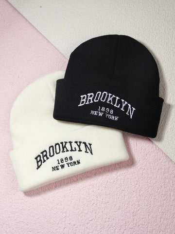 Street 2pcs Daily Letter Embroidered Beanie Winter Fall