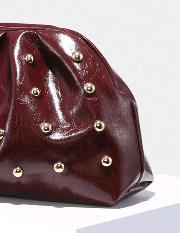 1pc Riveted Decor Large Capacity Pleated Cloud Design Clip Clutch Bag, Vintage, Minimalist, Fashionable, Suitable For Daily