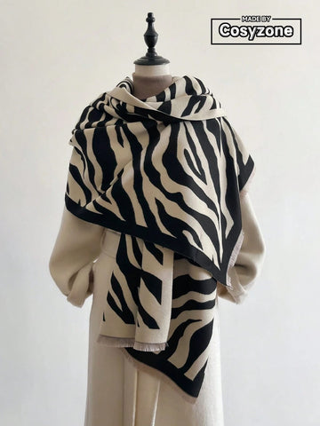 1pc Jacquard Zebra Patterned Faux Cashmere Warm Scarf, Women Fashionable Versatile Shawl For Fall Winter Decoration