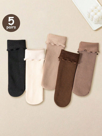 5 Pairs Women Warm Solid Thick Wool & Cashmere Socks, Non-Slip Plush Floor Socks, Suitable For Winter