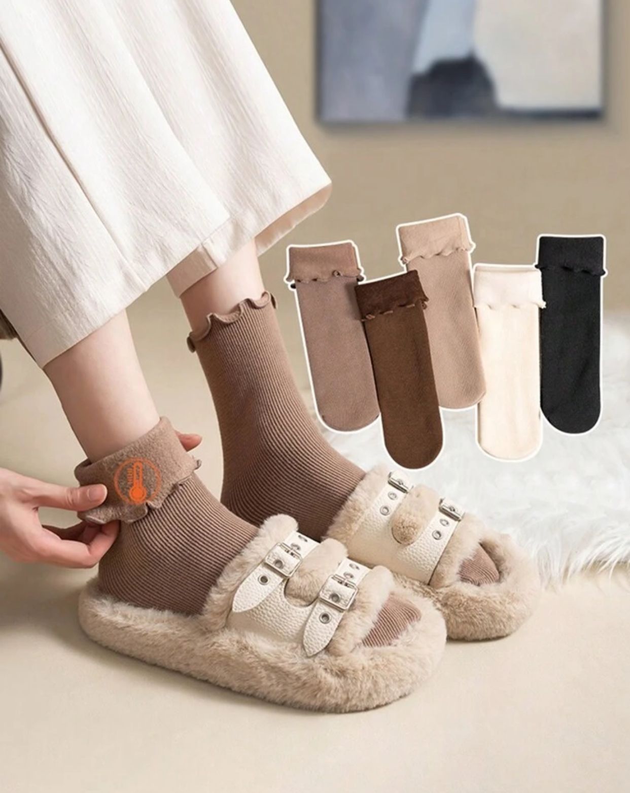 5 Pairs Women Warm Solid Thick Wool & Cashmere Socks, Non-Slip Plush Floor Socks, Suitable For Winter