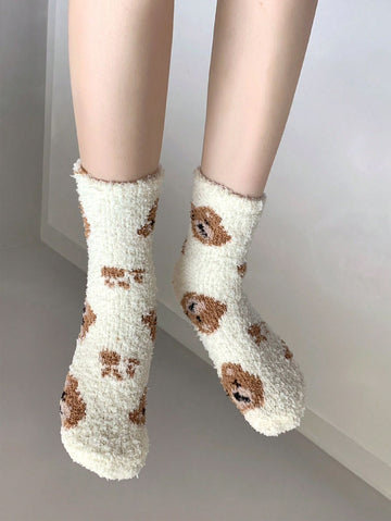 1 Pair Women's Cute Bear Head Coral Velvet Thermal Long Socks, Warm And Comfortable House/Floor Socks For Autumn And Winter