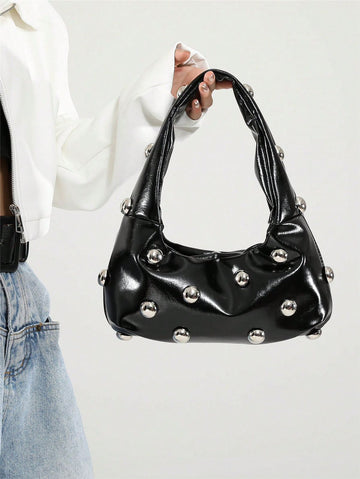 Black Vintage Babe Oversized Shoulder Bag For Women, Waxed Soft Leather, Rivet Decor, Crescent Shape, Handbag For Work, Casual, Travel, Crossbody