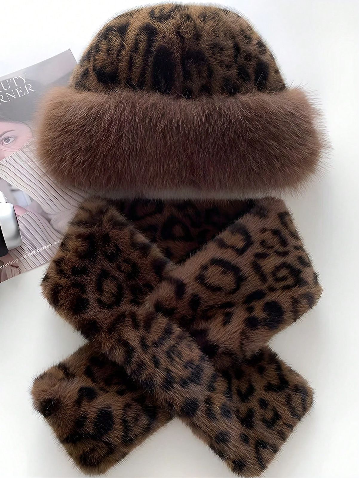 2pcs Leopard Fluffy Hat And Scarf Set, Warm And Casual Mongolian Style Hats In European And American Fashion, Fluffy Matching Scarf, Christmas