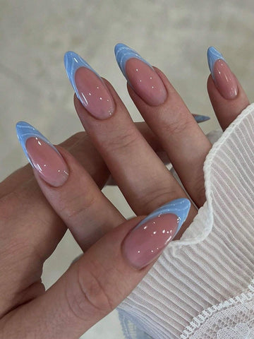 Minimalism 3D Handmade French Style 24pcs Almond-Shaped False Nails, Medium Length, Blue. Suitable For Office Ladies, Daily Wear, Dating, Afternoon Tea, And Going Out.