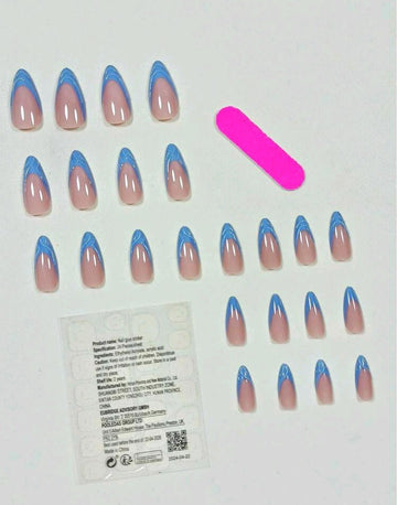 Minimalism 3D Handmade French Style 24pcs Almond-Shaped False Nails, Medium Length, Blue. Suitable For Office Ladies, Daily Wear, Dating, Afternoon Tea, And Going Out.