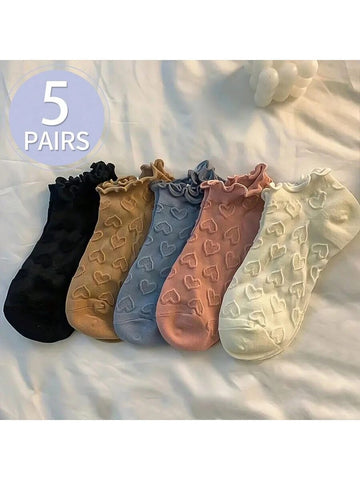 5 Pairs Random Women's Short Lace Trim Socks, Thin Design For Summer, Ins Style, Cute And Fashionable'