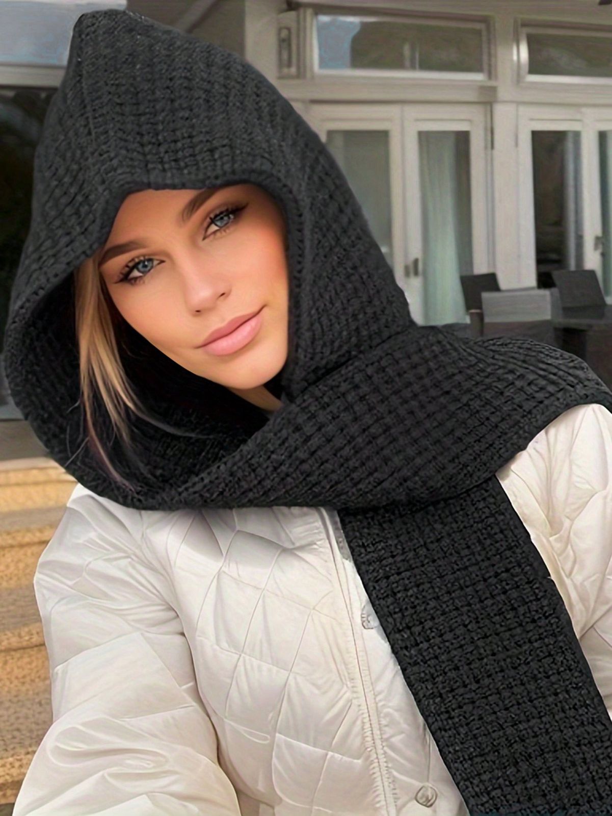 1pc Women's Fashionable Solid Color Black/Beige/Khaki/Brown Braided Pattern Knitted Warm Hoodie Scarf For Dates, Outings, Daily Wear Winter Fall