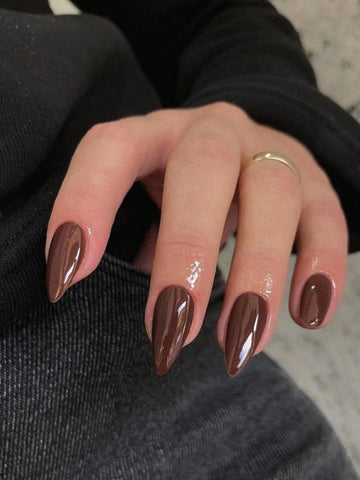 24pcs Autumn/Winter Almond Shaped Brown Stiletto Acrylic Press-On Nails, Medium Length, Thin Nail Set