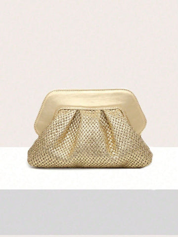 1pc Retro Metallic Color Straw Cloud Pleated Clutch Purse For Women