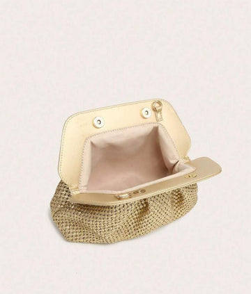 1pc Retro Metallic Color Straw Cloud Pleated Clutch Purse For Women