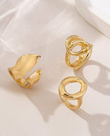 (3pcs/Set) Punk Style Exaggerated Glossy Round Opening Ring, Geometric Curved Surface Ring, And Geometric Glossy Cross Ring. European And American INS Niche Design Geometric Ring Set (3 Rings). Color-Preserving And Thick Rings Jewelry