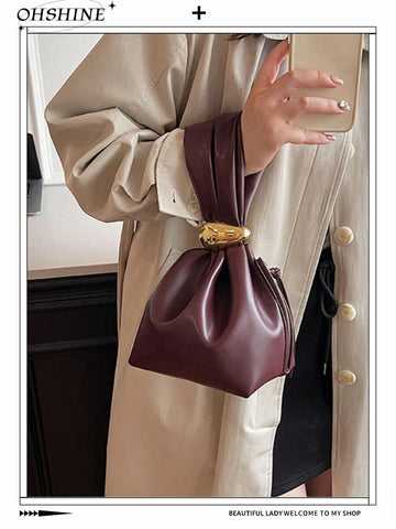 1pc Retro PU Leather Handbag, Bucket Bag For Women, Burgundy Color, Fashionable Burgundy Bag