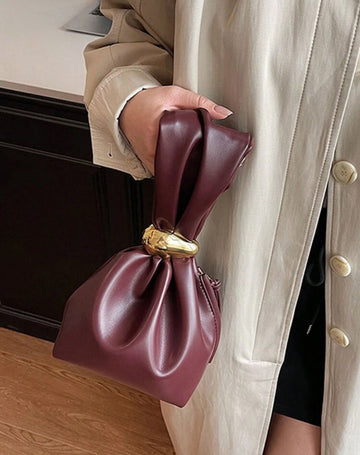1pc Retro PU Leather Handbag, Bucket Bag For Women, Burgundy Color, Fashionable Burgundy Bag