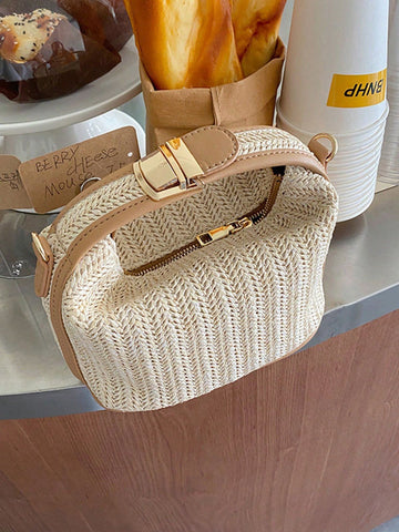 Mini Simple Handbag With Lock Button, Summer New Woven Straw Bag, Tote Bag, Shoulder Bag, Crossbody Bag For Women, Shopping And Beach Outing Essential, Trendy Vacation Bag For Summer