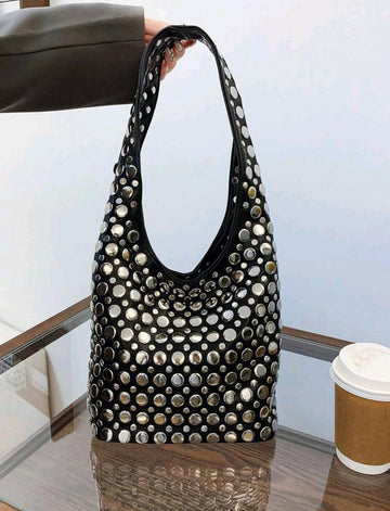 New Fashion Women's Handbag, Unique Design Cool Black Personality, Punk Polka Dot Rivet Inlaid High-End Tote Bucket Bag, European And American Style Ladies Underarm Shoulder Bag