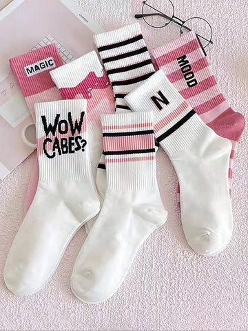 Randomly Send 5 Pairs Of Women's Mid-calf Socks With Letter Patterns And Stripes