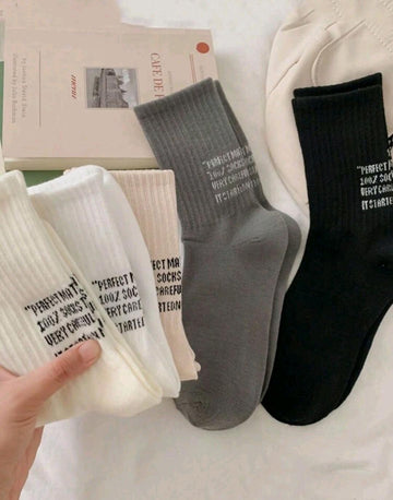 5 Pairs Plain Color Mid-Calf Socks For Men, Heel Letter Print Sports Socks, Unisex Campus Casual Socks