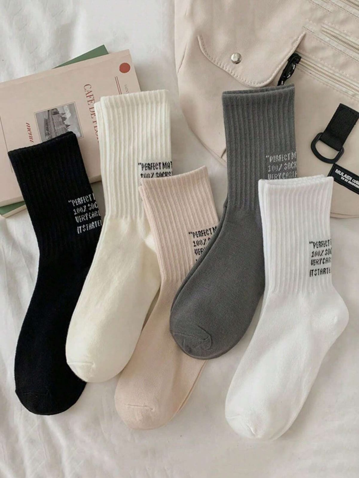 5 Pairs Plain Color Mid-Calf Socks For Men, Heel Letter Print Sports Socks, Unisex Campus Casual Socks