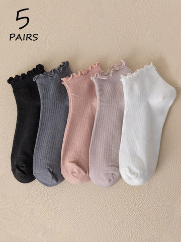 1/5 Pairs Women's Solid Color Ruffle Edge Casual Comfortable Soft Breathable Elegant Fashion Versatile Ankle Socks, Suitable For Daily Wear