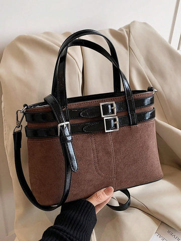 New Contrast Color Zipper Closure Shoulder Bag, Women Fashion Vintage Handbag Suitable For Commuting