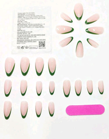 24 Pcs European & American Style Romantic Green French Almond Nail & Jelly Gel & Nail File Set, Spring Collection Press On Nails