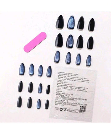 Ouqien Upgrade Your Look - 24pcs/Set Extra Long Pointed Galaxy Blue Shimmering Cat Eye Handmade False Nails, With Gel Technology & Jelly Glue & Nail File Press On Nails Nail Supplies