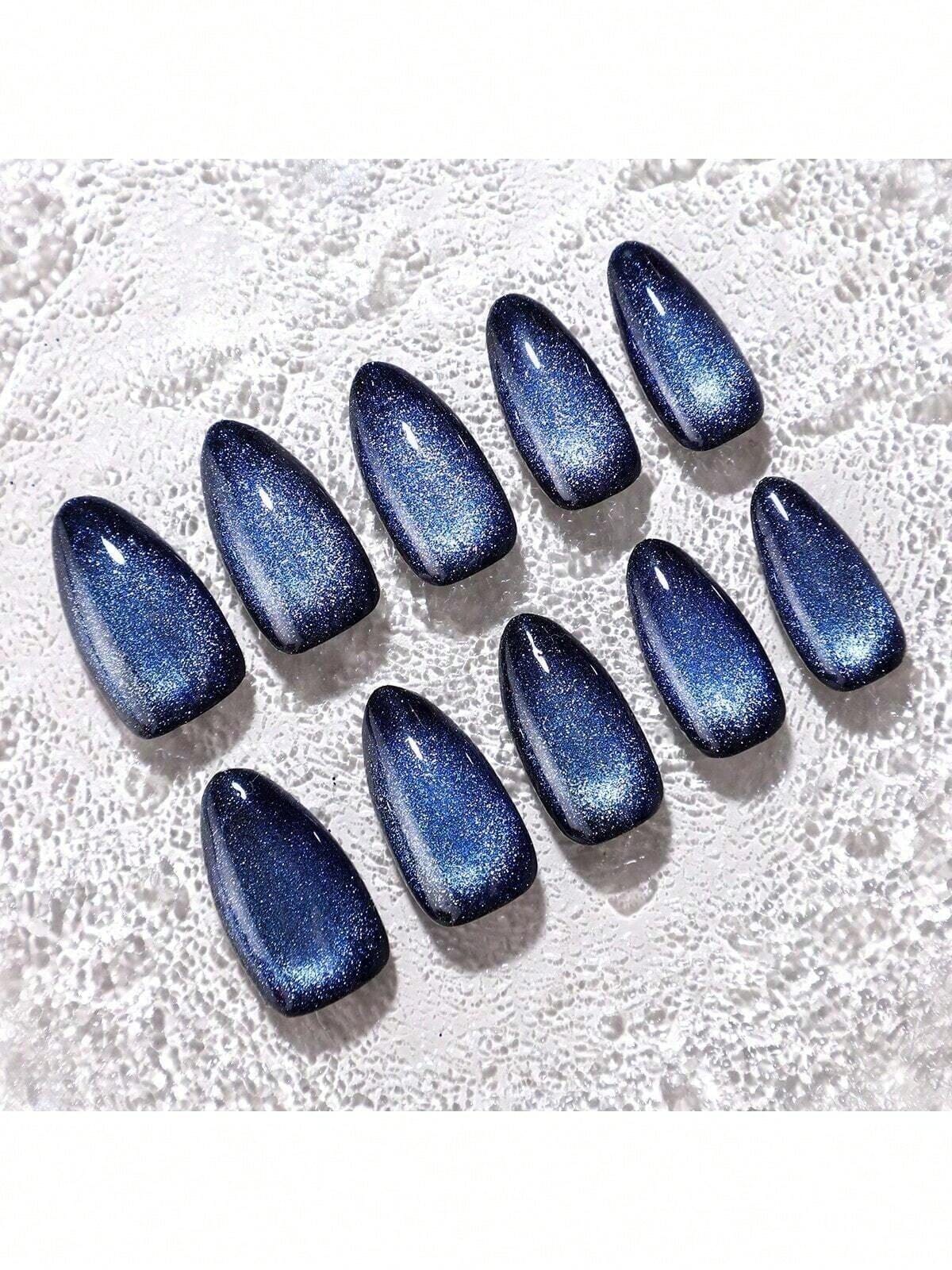 Ouqien Upgrade Your Look - 24pcs/Set Extra Long Pointed Galaxy Blue Shimmering Cat Eye Handmade False Nails, With Gel Technology & Jelly Glue & Nail File Press On Nails Nail Supplies