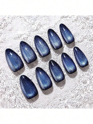 Ouqien Upgrade Your Look - 24pcs/Set Extra Long Pointed Galaxy Blue Shimmering Cat Eye Handmade False Nails, With Gel Technology & Jelly Glue & Nail File Press On Nails Nail Supplies