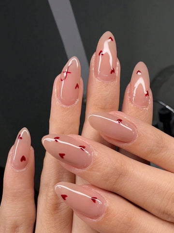 Valentines Nails 24pcs Long Almond-Shaped Romantic Minimalist Red Heart Press-On Nails + 1 Nail File + 1 Jelly Glue Set