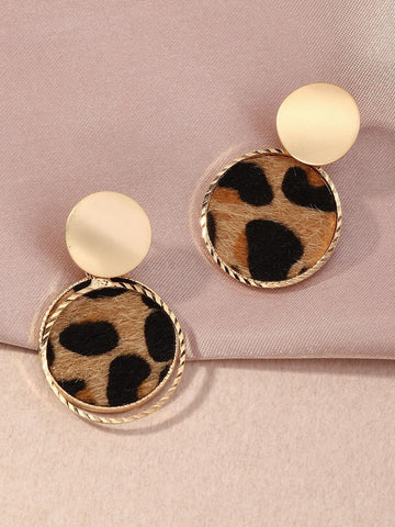 1pair Fashionable European And American Geometric Round Leopard Print Stud Earrings (Leopard Pattern Randomly)