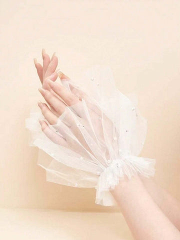 1pair White Dreamy & Beautiful Bridal Wrist Length Gloves With Lace Trim & Simple Pearl Detail For Wedding Halloween Valentine's Day Valentines
