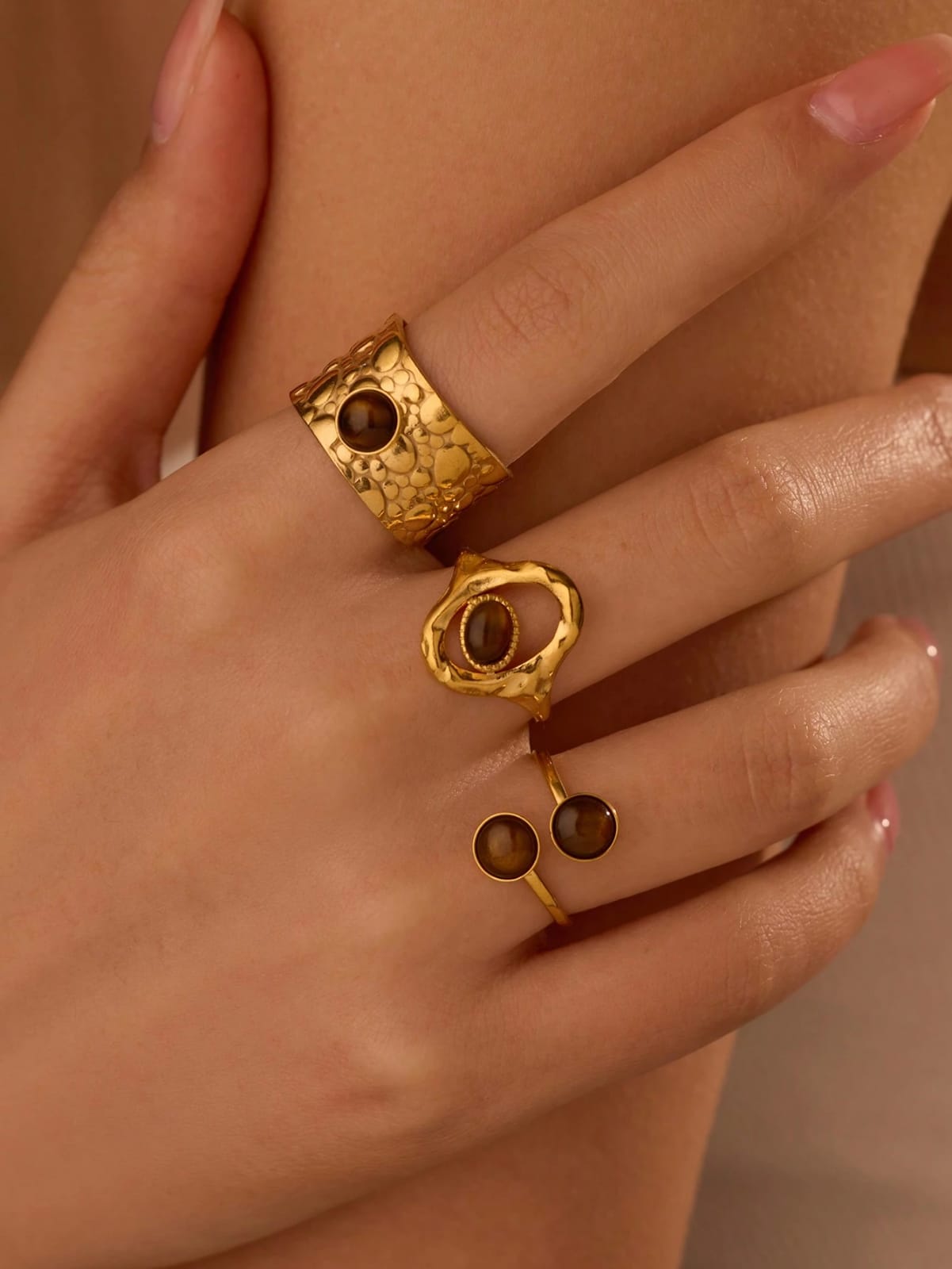 3pcs/Set Stainless Steel Chic Gold & Brown Gemstone Rings For Women, Suitable For Daily Accessories Or Gift