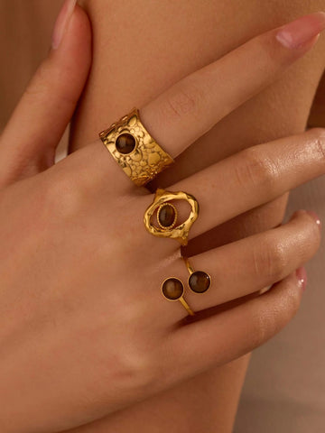 3pcs/Set Stainless Steel Chic Gold & Brown Gemstone Rings For Women, Suitable For Daily Accessories Or Gift