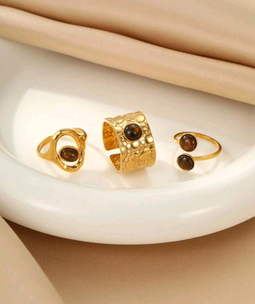 3pcs/Set Stainless Steel Chic Gold & Brown Gemstone Rings For Women, Suitable For Daily Accessories Or Gift