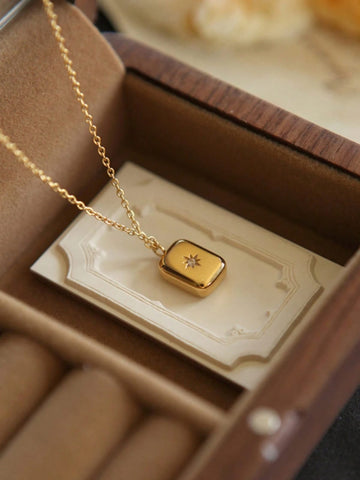 Nooxian 1 Pc Women Layered Style Stainless Steel Rectangle Star CZ Pendant Necklace