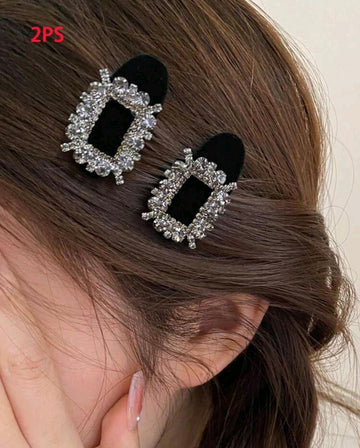 2pcs New Style Women's Atmosphere Square Shaped Rhinestone All-Match Black Hair Clip Royal