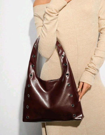SHEIN BAE Women's Rivet Decor Fashion Large Capacity Shoulder Tote Bag
