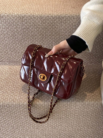 Fashion Classic Joker Solid Color Pu Waterproof Fabric, Diamond Lattice Splicing Design Chain Square Bag