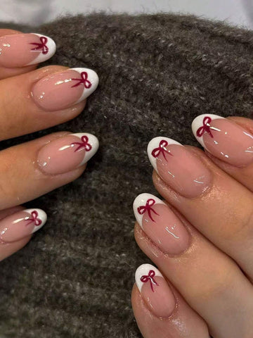 24pcs Short Oval Cute Bow Pattern Design White French Tip Press On Nails Short Fit Perfectly Acrylic Fake Nail Set