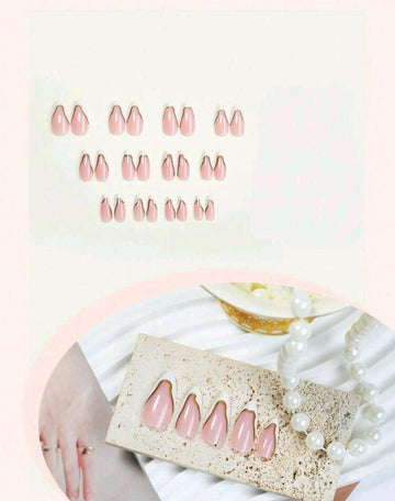 24pcs Medium Almond Press On Nails With Red French Tip&Red Line Design Glossy Full Cover Fake Nails For Women Girls Daily Wear