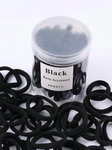 50pcs Teen Girls' Black Basic High Elasticity Hair Ties For Ponytail