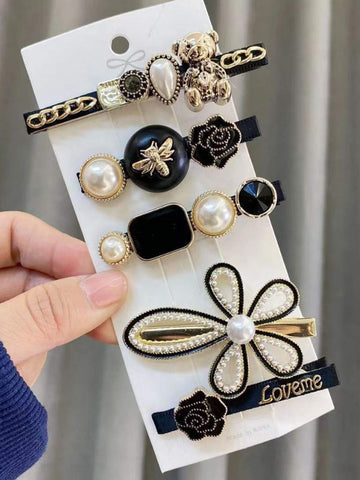 5pcs Women Faux Pearl & Flower Decor Fashion Alligator Hair Clip For Hair Decoration Elegant