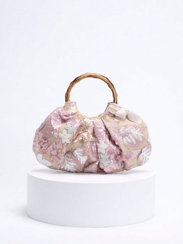 1pc Colorful PVC Sequin Patched Mesh Floral Embroidery Cloud Decor Foldable Linen Beach Tote Bag, Fashionable Unique Design For Women, Suitable For Summer Beach Holiday (Floral Pattern Random)