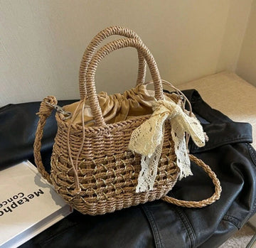 Tropiscape Fashionable Casual Bowknot Decorated Simple Versatile Straw Tote Bag, Suitable For Vacation, Travel, Beach, Shopping, Shoulder Bag Beach