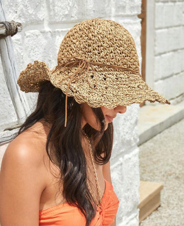 1pc Ladies' Cute, Basics Woven Texture, Handmade Crochet, Ruffled/Floral Edge Woven Hat, Suitable For Vacation, Picnic, Beach, Casual