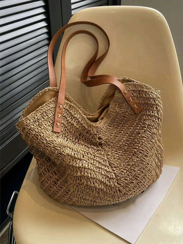 Large Capacity Straw Woven Beach Bags Handmade Women's Shoulder Bag Lady Travel Handbags Rattan Shopper Tote School Tote Bag, School Bookbag