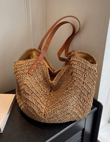 Large Capacity Straw Woven Beach Bags Handmade Women's Shoulder Bag Lady Travel Handbags Rattan Shopper Tote School Tote Bag, School Bookbag