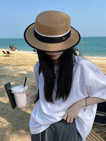 1pc Unisex Flat Top British Style Sun Hat & Straw Hat With M Sign For Daily Wear Elegant